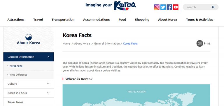 Websites and social networking sites of tourism organization in each region of Korea