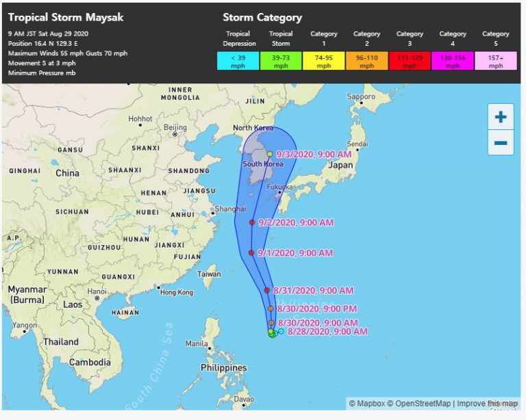 Expected route of Typhoon Maysak by Weather Underground