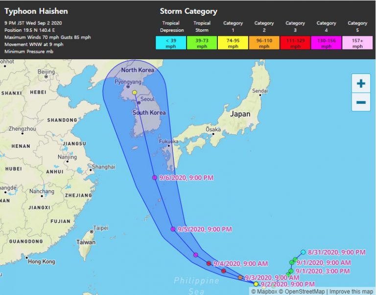 expected routh of typhoon Haishen is given by Weather Underground