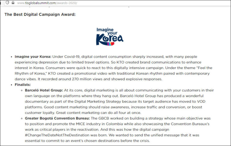 The Best Digital Campaign Award : Feel the Rhythm of Korea - Tourism Innovation Awards 2020