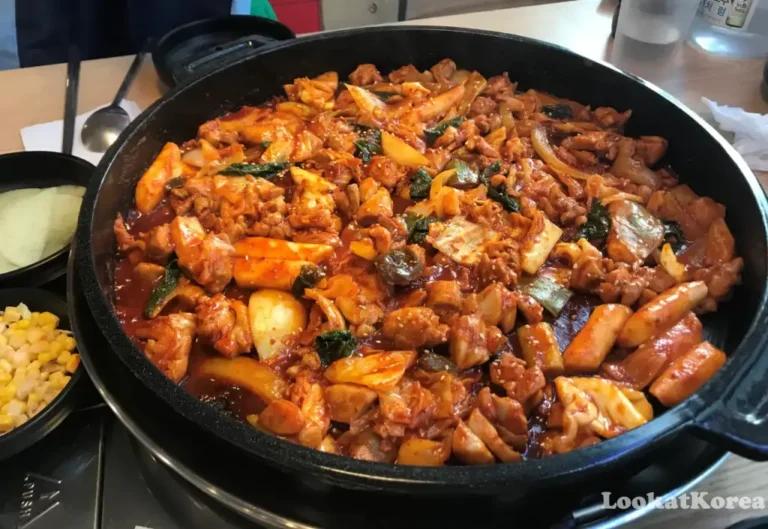 Spicy stir-fried chicken dakgalbi with rice cakes, cabbage, and sweet potato on a cast iron pan at a Korean restaurant