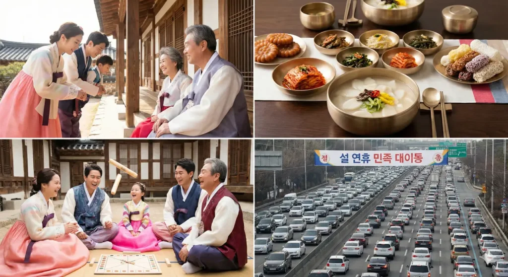 A four-panel collage illustrating Korean Lunar New Year (Seollal) traditions: Top-left shows a family in Hanbok bowing to elders in a traditional house; top-right shows a traditional table setting with Tteokguk (rice cake soup); bottom-left shows a family laughing while playing the traditional game Yutnori; bottom-right shows heavy traffic on a highway during the holiday travel rush