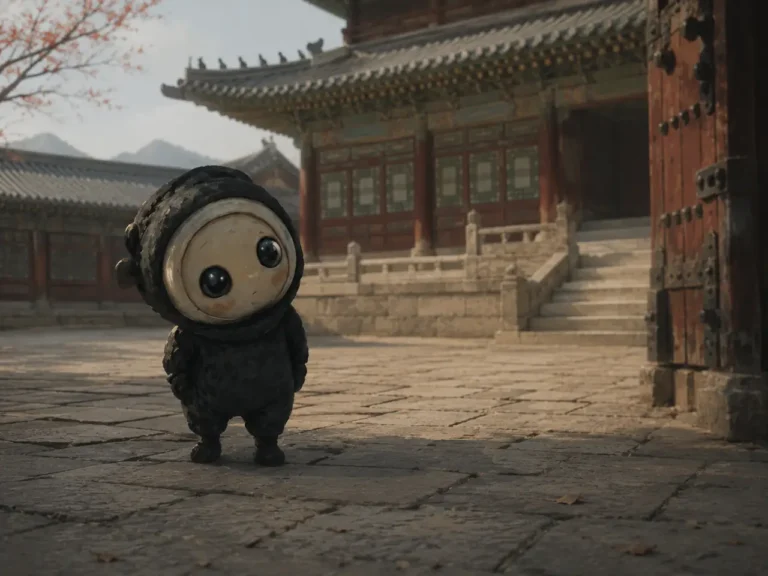 AI-edited fan art illustration inspired by Kkeomeoksali, the creature from Netflix's The East Palace, standing in front of a Joseon-era Korean palace