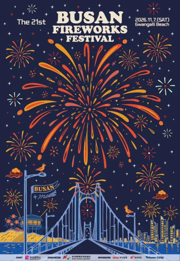 Busan Fireworks Festival 2026 featuring colorful fireworks over Gwangalli Beach and Gwangan Bridge in Busan, South Korea