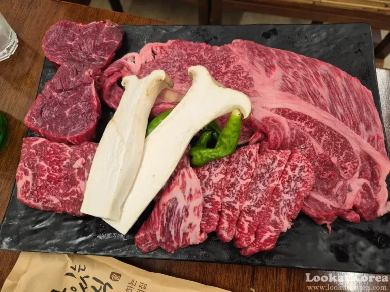 Assorted Hanwoo Korean beef set with king oyster mushrooms and shishito peppers