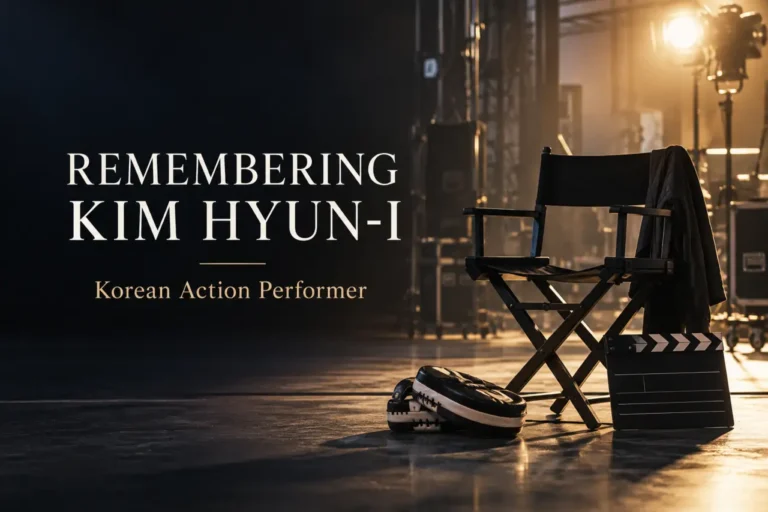 Memorial graphic honoring Korean action performer Kim Hyun-i, remembered by the production teams of Doctor X and 100 Days of Lies.