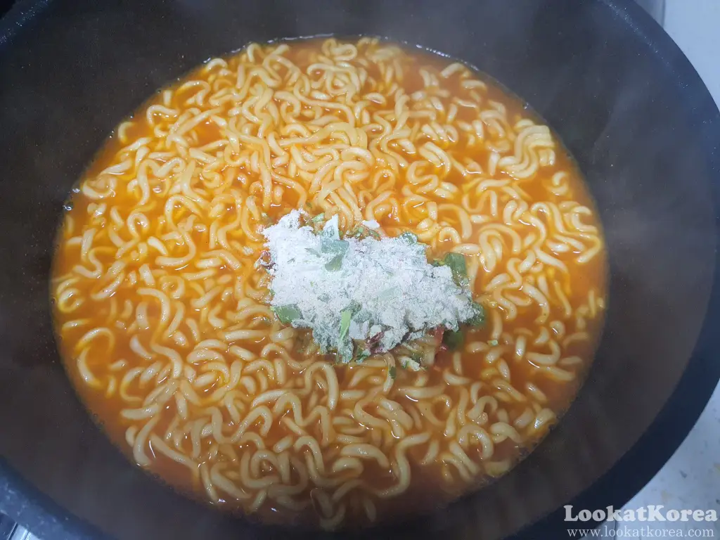 Samyang 1963 Ramen cooked in a pot with powdered seasoning added at the end
